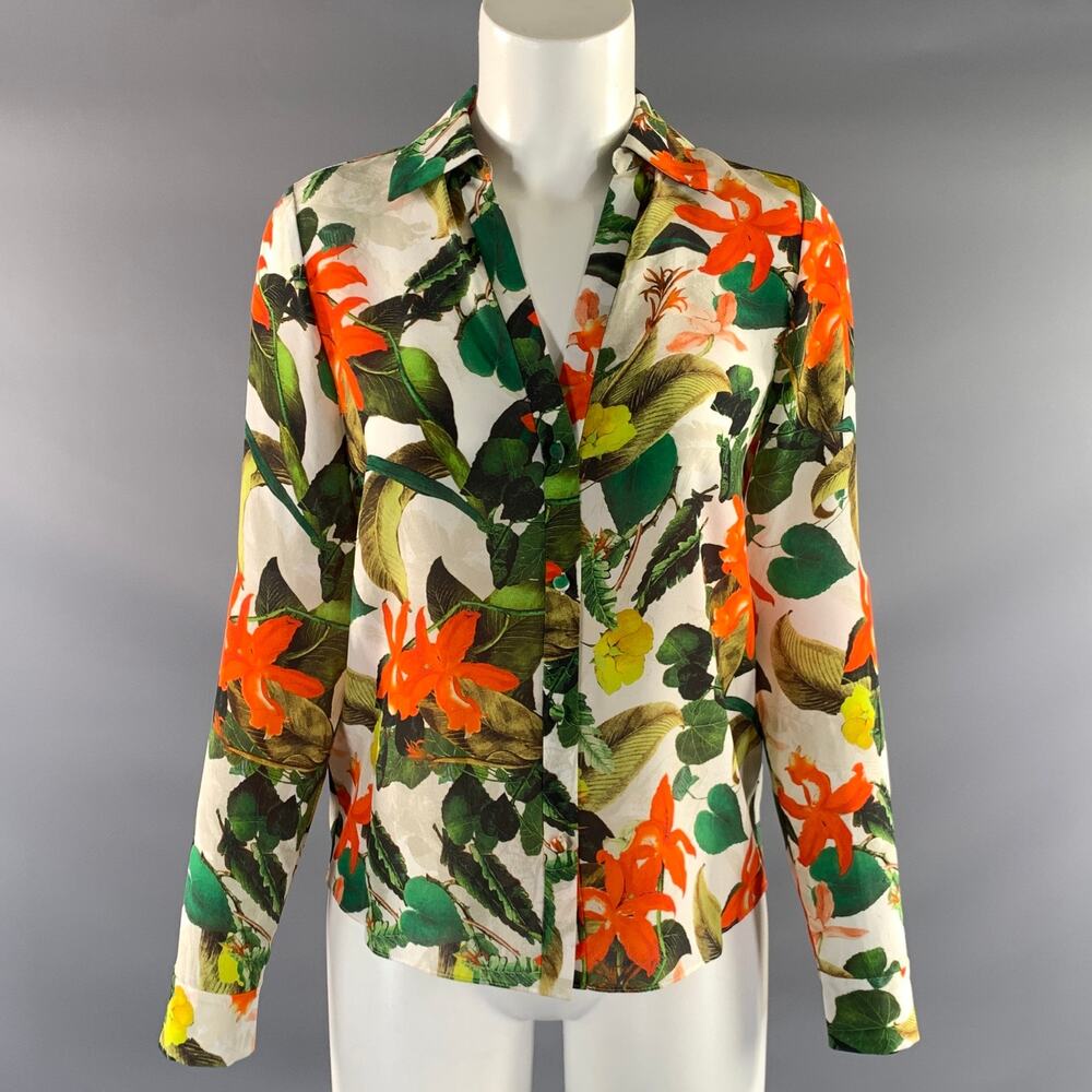 ALICE + OLIVIA Size XS White Green & Orange Silk Floral Button Up Casual Top